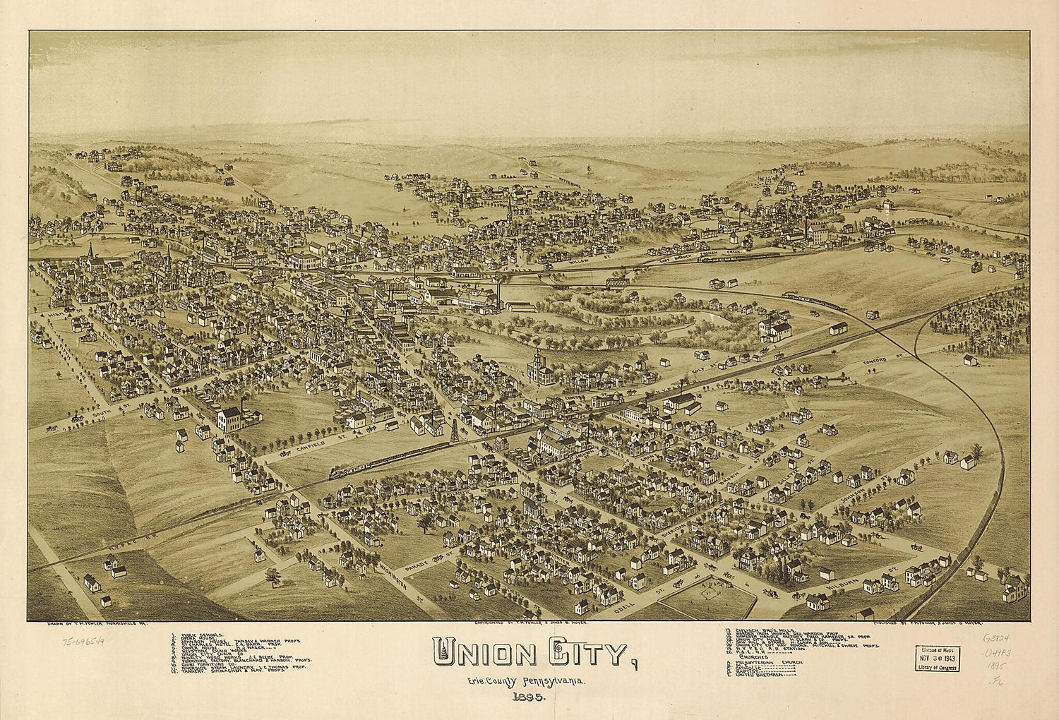 This old map of Union City, Erie County, Pennsylvania from 1895 was created by T. M. (Thaddeus Mortimer) Fowler, James B. Moyer in 1895