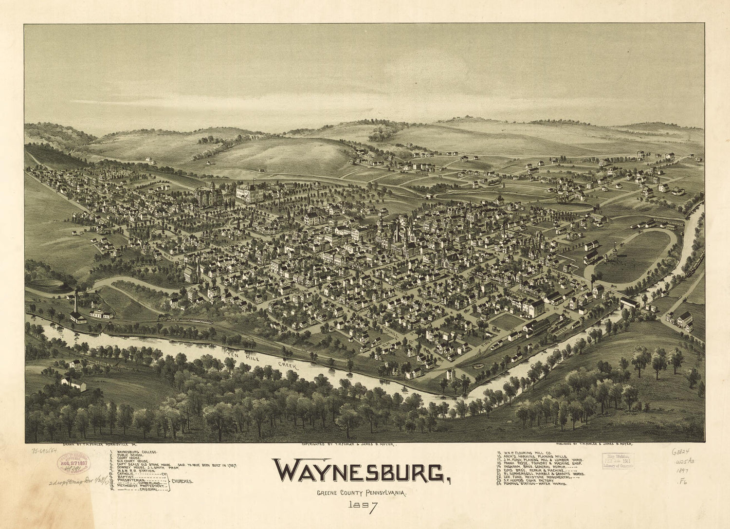 This old map of Waynesburg, Greene County, Pennsylvania, from 1897 was created by T. M. (Thaddeus Mortimer) Fowler, James B. Moyer in 1897