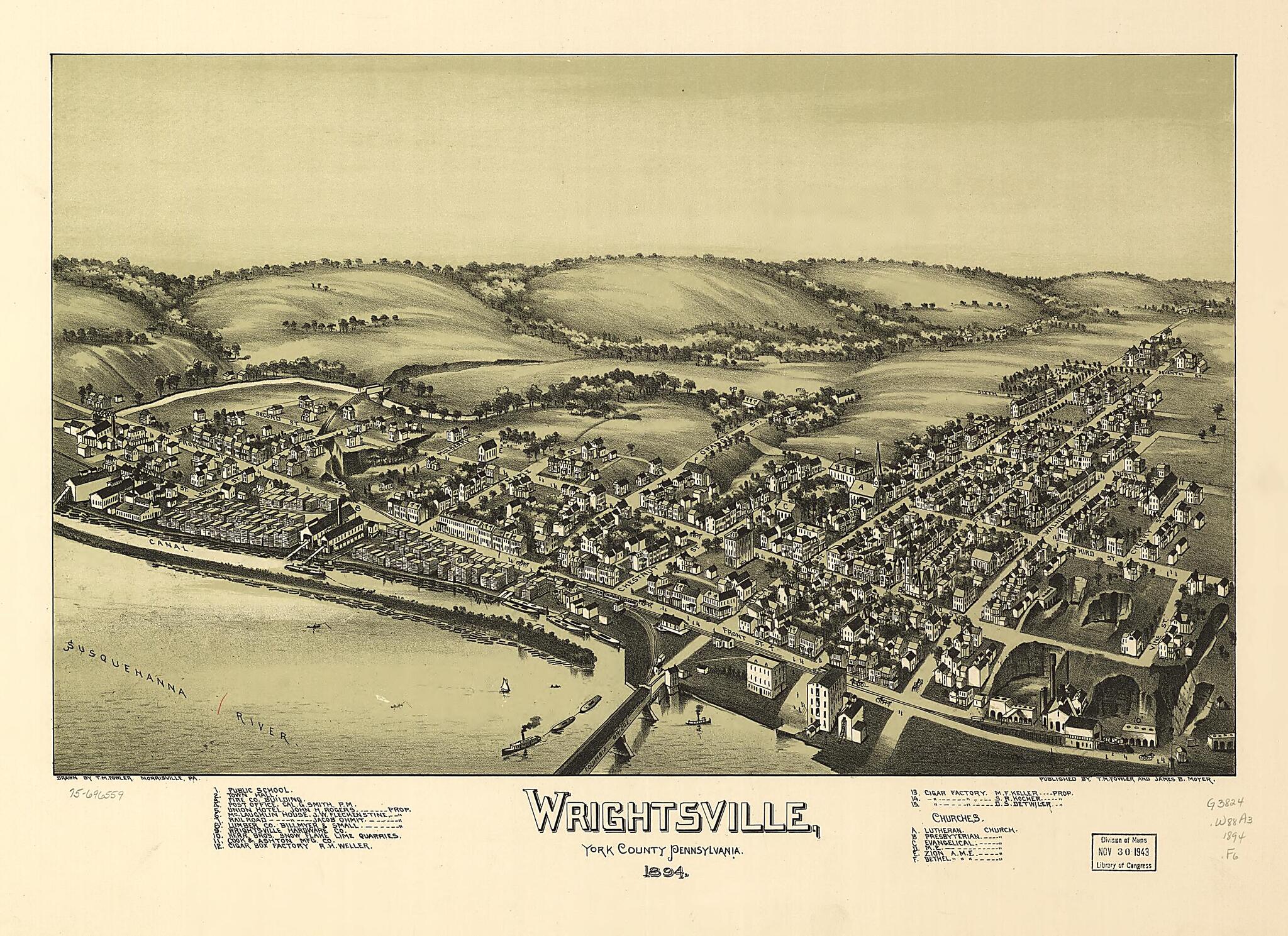 This old map of Wrightsville, York County, Pennsylvania, from 1894 was created by T. M. (Thaddeus Mortimer) Fowler, James B. Moyer in 1894