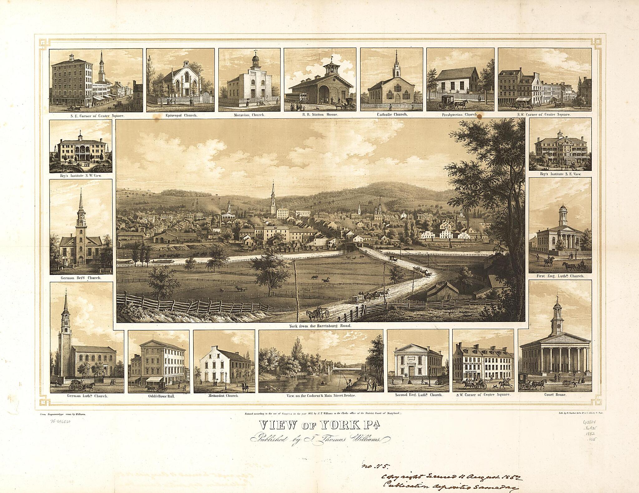 This old map of View of York, Pennsylvania from 1852 was created by  E. Sachse &amp; Co, J. Thomas Williams in 1852