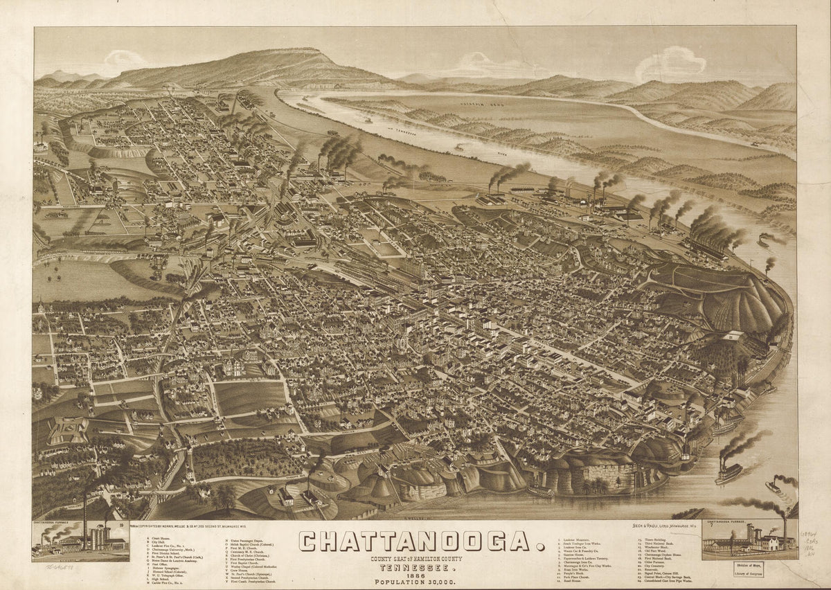 Chattanooga, County Seat of Hamilton County, Tennessee 1886 by Relic Map Company