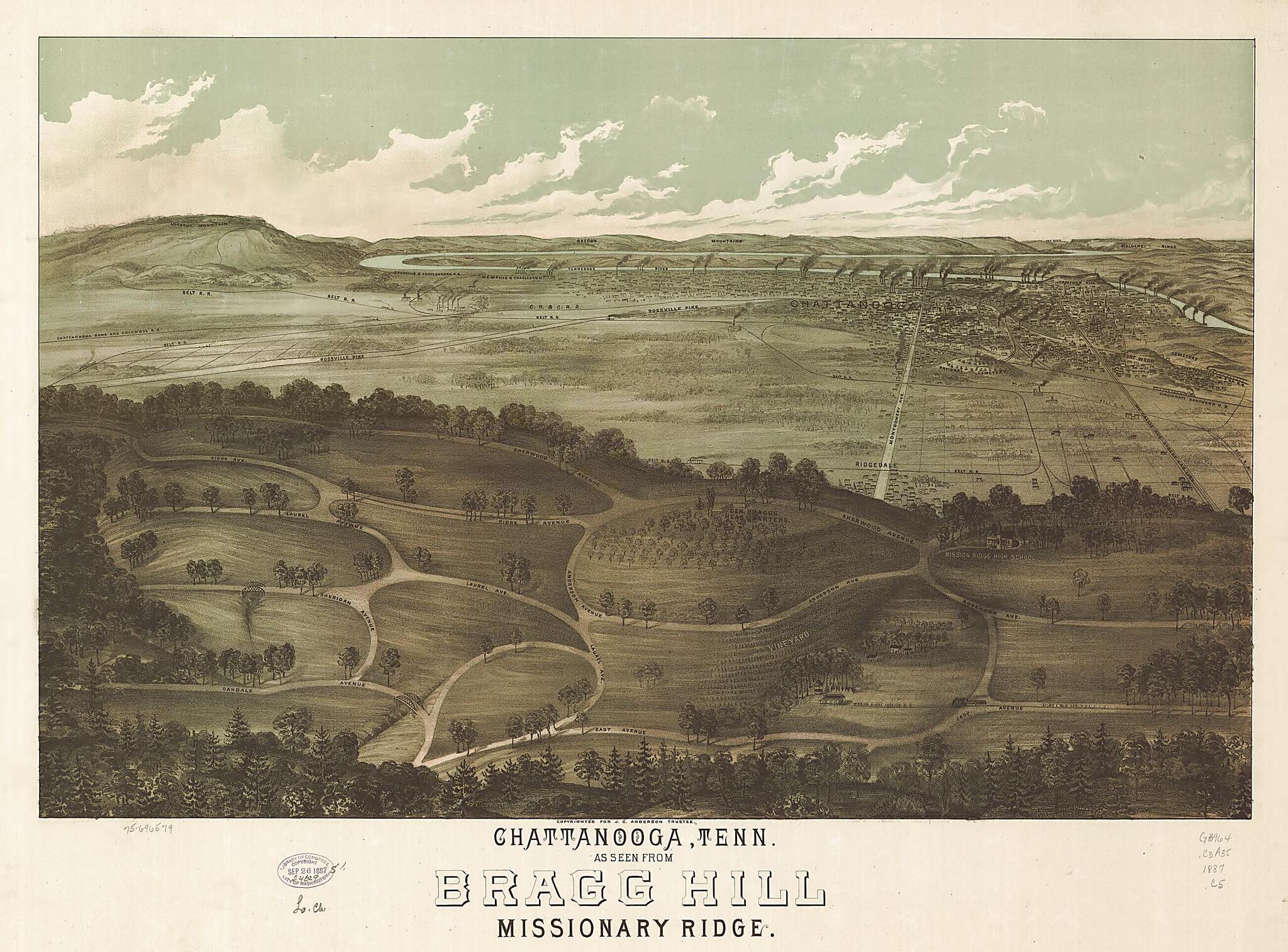 This old map of Chattanooga, Tennessee As Seen from Bragg Hill, Missionary Ridge from 1887 was created by J. C. (John C.) Anderson in 1887