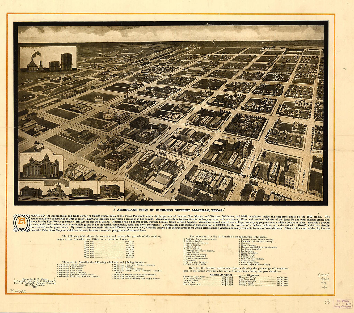 This old map of Aeroplane View of Business District Amarillo, Texas from 1912 was created by E. E. Motter,  Panhandle Printing Company, G. C. Sturdivant in 1912