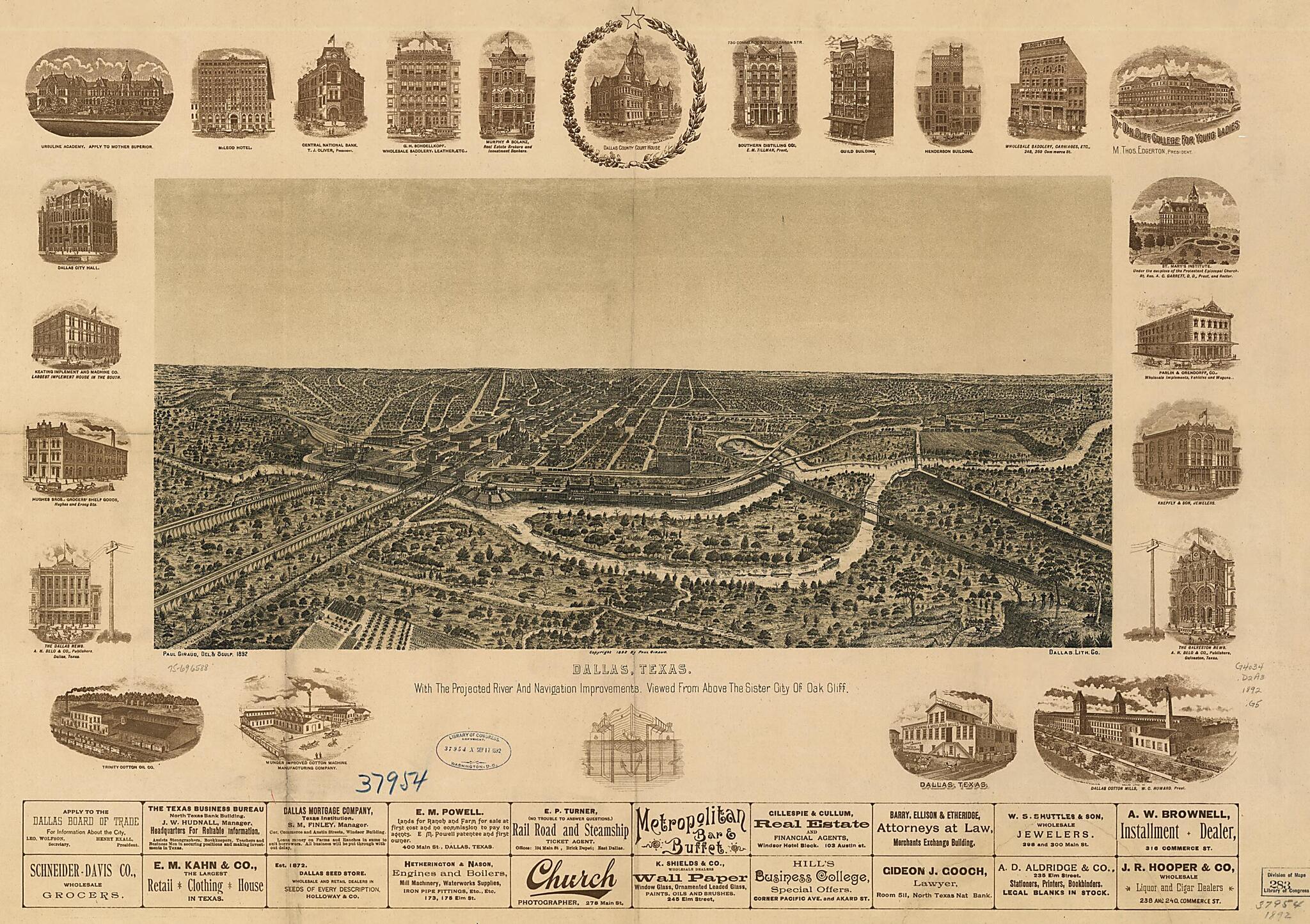 This old map of Dallas, Texas. With the Projected River and Navigation Improvements Viewed from Above the Sister City of Oak Cliff from 1892 was created by  Dallas Lith. Co, Paul Giraud in 1892