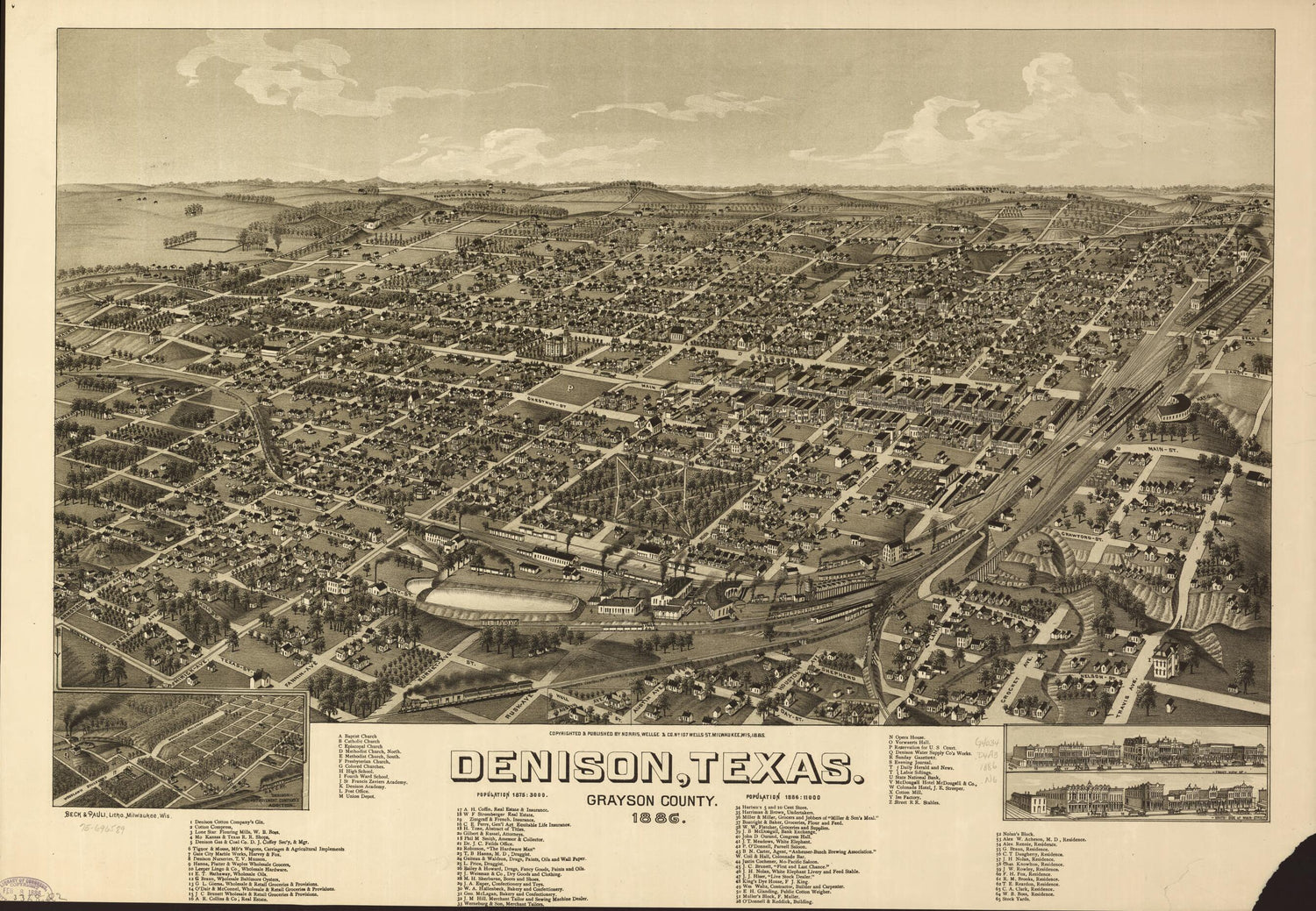 This old map of Denison, Texas, Grayson County from 1886 was created by  Beck &amp; Pauli, Wellge &amp; Co Norris in 1886