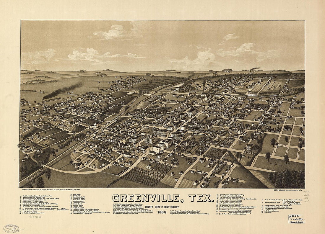 This old map of Greenville, Texas, County Seat of Hunt County from 1886 was created by  Beck &amp; Pauli, Wellge &amp; Co Norris, H. (Henry) Wellge in 1886