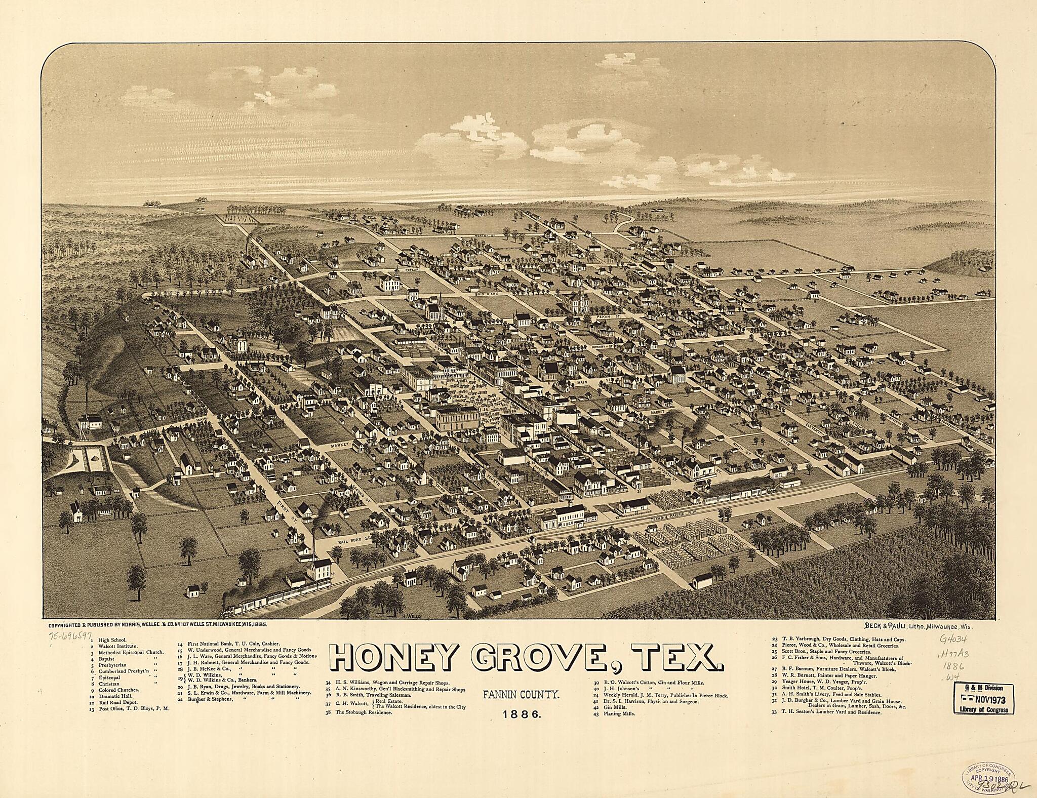 This old map of Honey Grove, Texas Fannin County from 1886 was created by  Beck &amp; Pauli, Wellge &amp; Co Norris, H. (Henry) Wellge in 1886