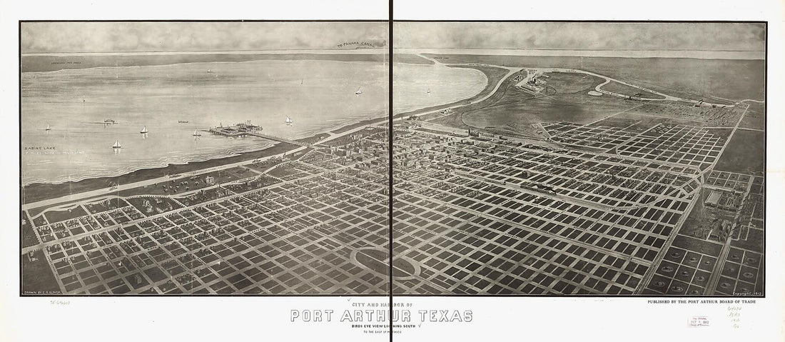 This old map of City and Harbor of Port Arthur, Texas Birds Eye View Looking South to the Gulf of Mexico from 1912 was created by E. S. (Eli Sheldon) Glover,  Port Arthur Board of Trade in 1912