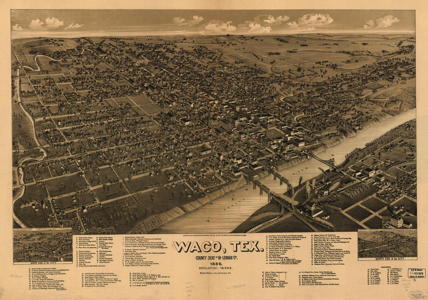 This old map of Waco, Texas, County Seat of McLennan Cy. from 1886 was created by  Beck &amp; Pauli, Wellge &amp; Co Norris in 1886