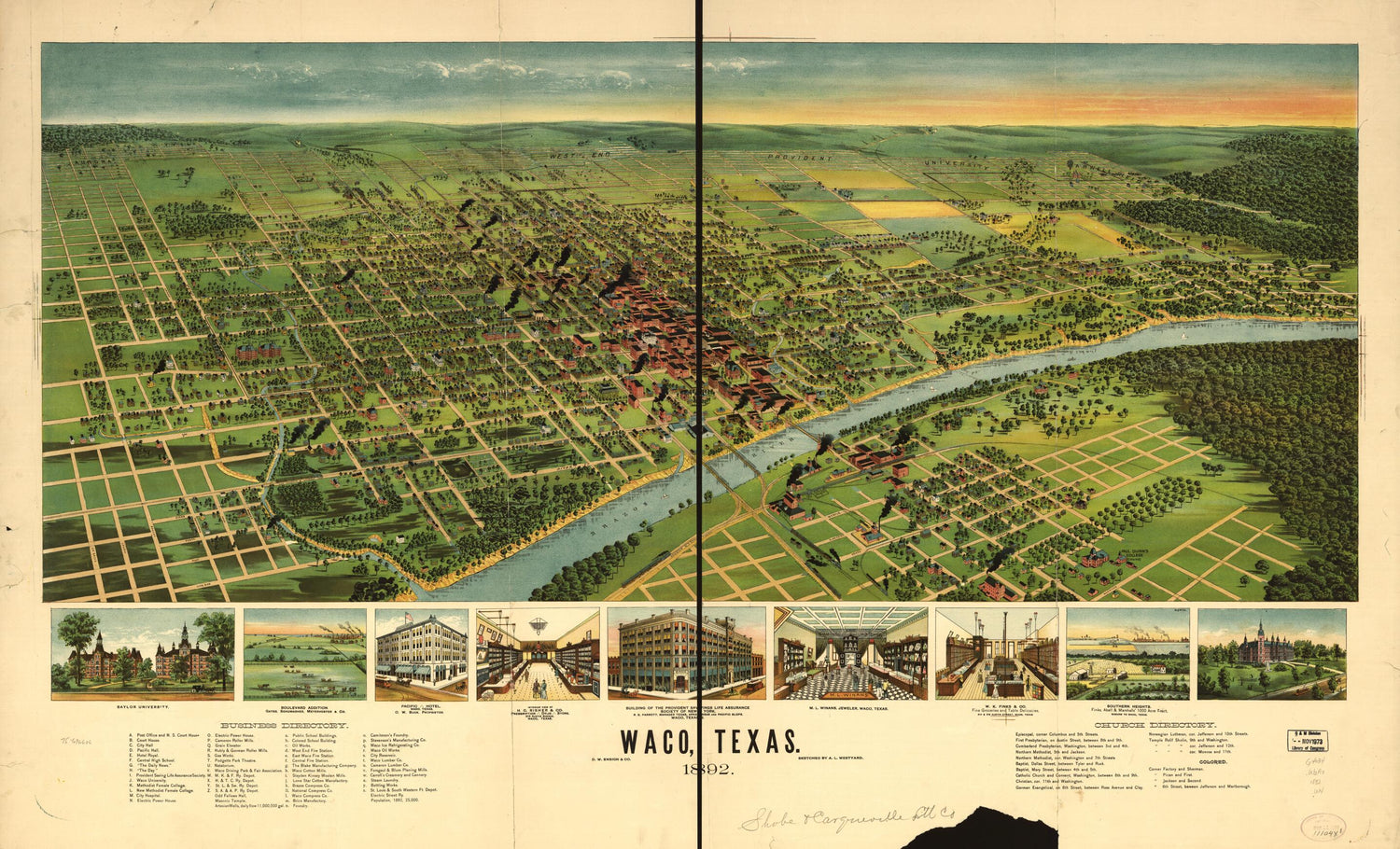 This old map of Waco, Texas from 1892 was created by  D.W. Ensign &amp; Co, A. L. Westyard in 1892