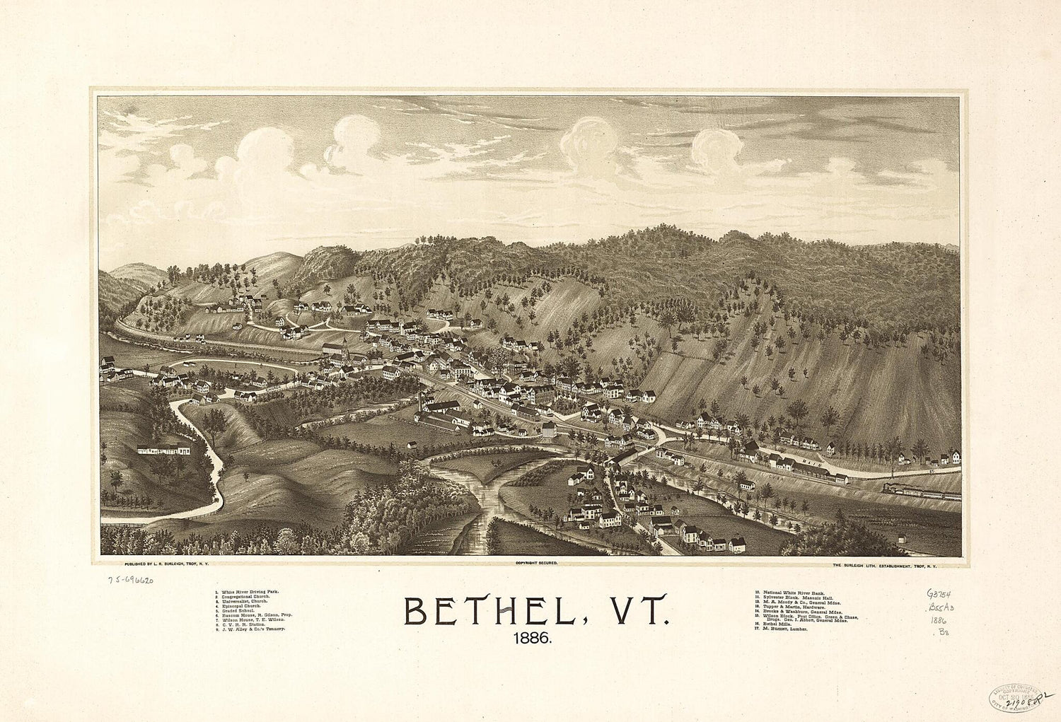 This old map of Bethel, Vermont from 1886 was created by  Burleigh Litho, L. R. (Lucien R.) Burleigh in 1886