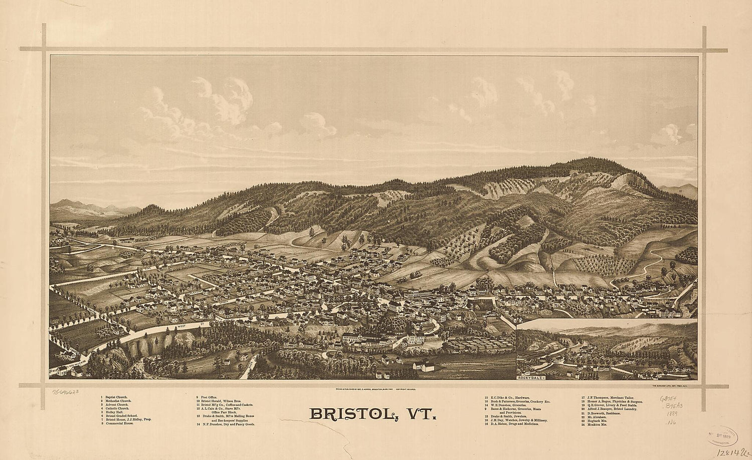 This old map of Bristol, Vermont from 1889 was created by  Burleigh Lith, George E. Norris in 1889