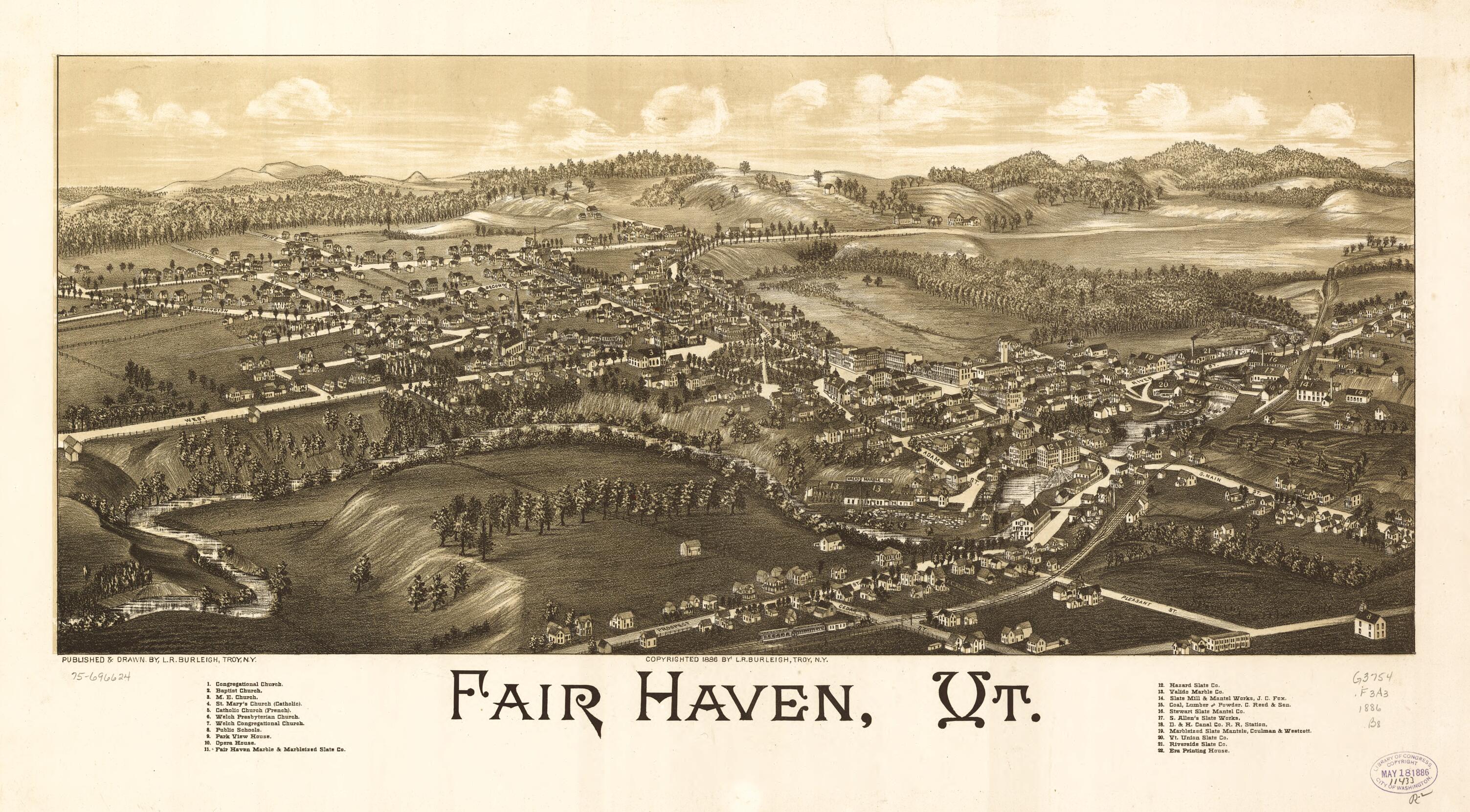 This old map of Fair Haven, Vermont from 1886 was created by L. R. (Lucien R.) Burleigh in 1886