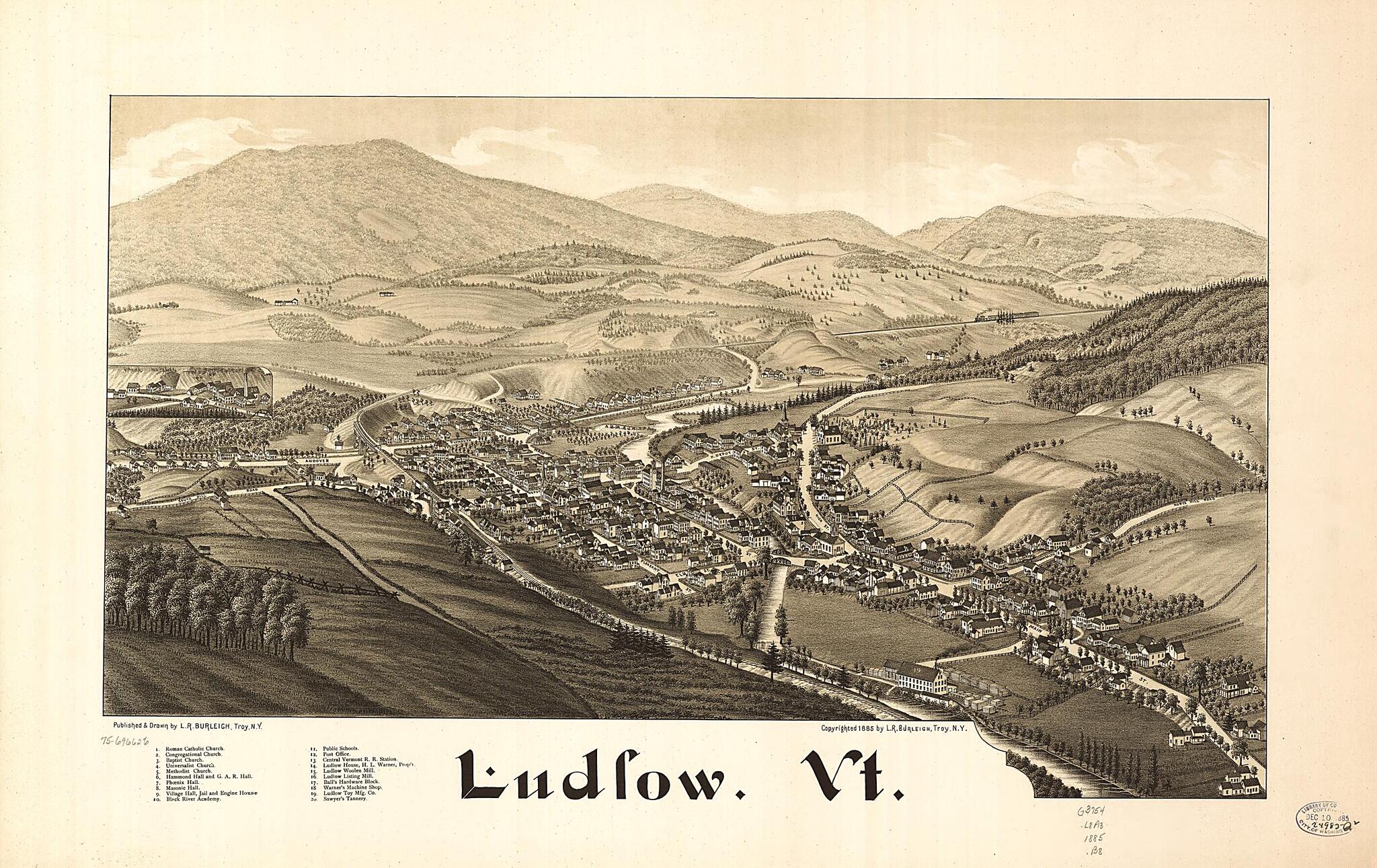 This old map of Ludlow, Vermont from 1885 was created by L. R. (Lucien R.) Burleigh in 1885