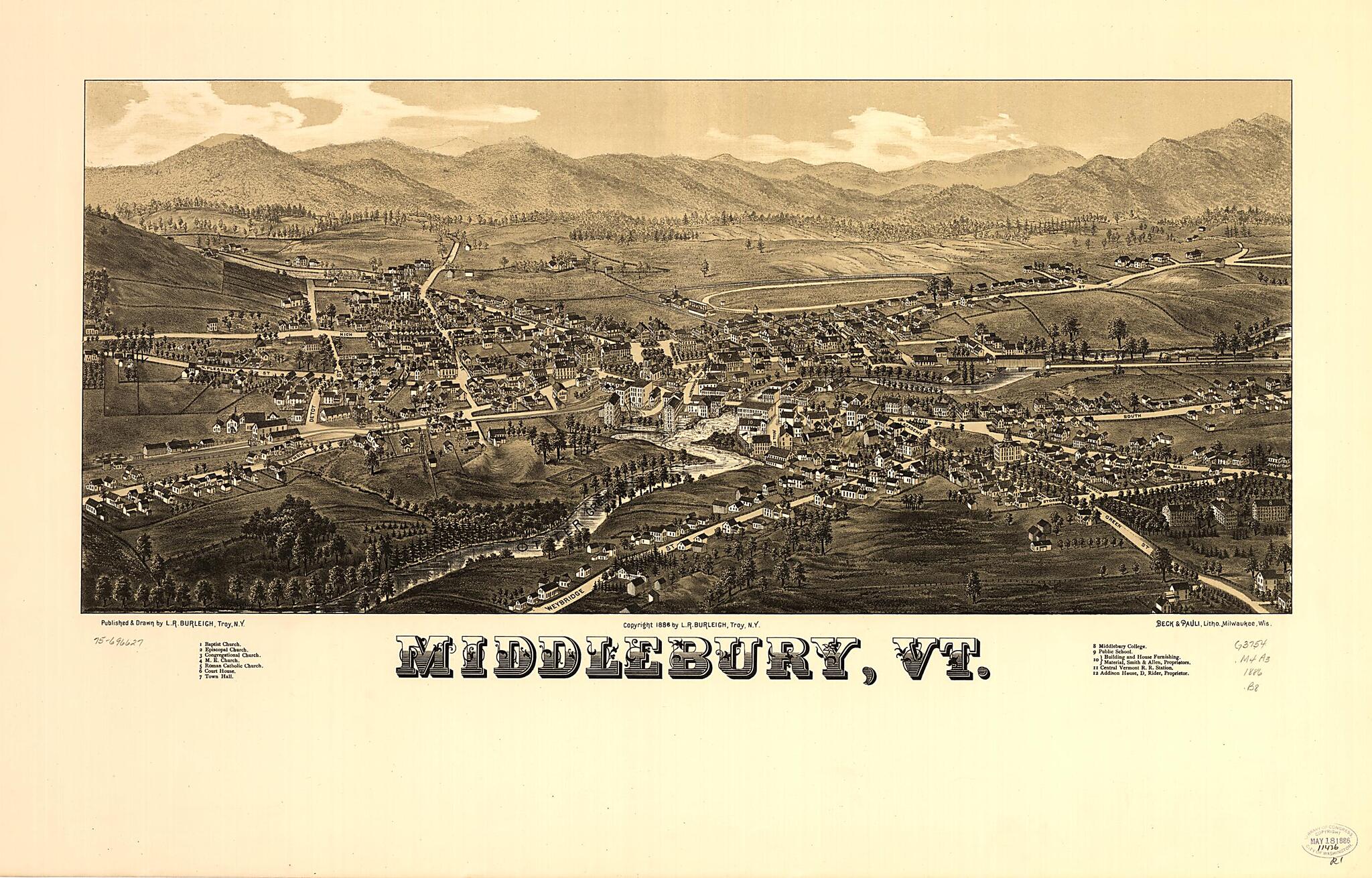 This old map of Middlebury, Vermont from 1886 was created by  Beck &amp; Pauli, L. R. (Lucien R.) Burleigh in 1886