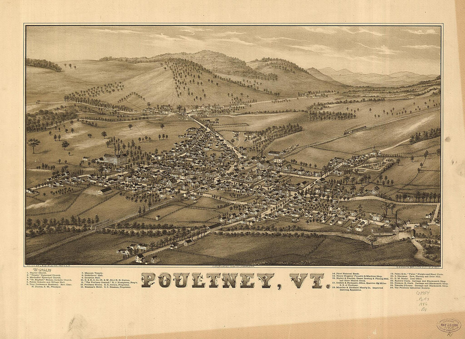 This old map of Poultney, Vermont from 1886 was created by L. R. (Lucien R.) Burleigh,  C.H. Vogt &amp; Son in 1886