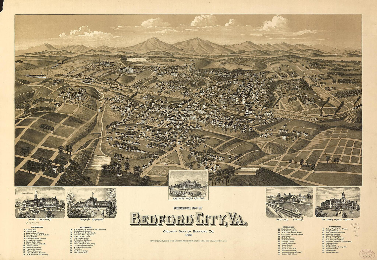 This old map of Perspective Map of Bedford City, Virginia, County Seat of Bedford County from 1891 was created by Wis.) American Publishing Co. (Milwaukee, H. (Henry) Wellge in 1891