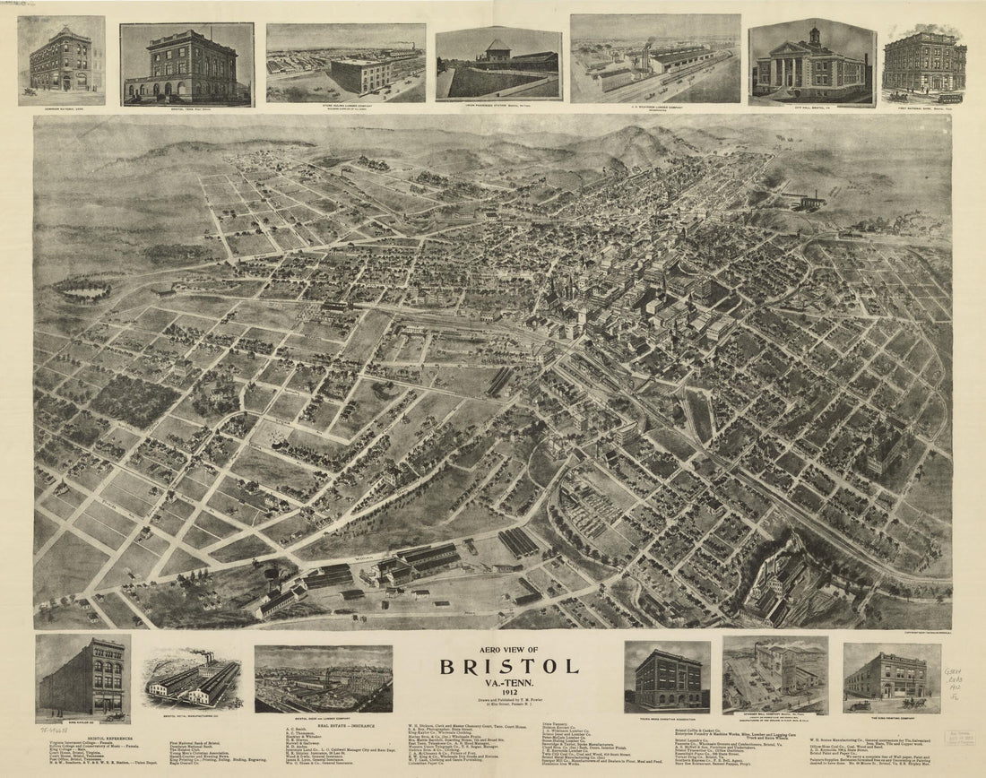 This old map of Aero View of Bristol, Va.=Tenn. from 1912 was created by T. M. (Thaddeus Mortimer) Fowler in 1912