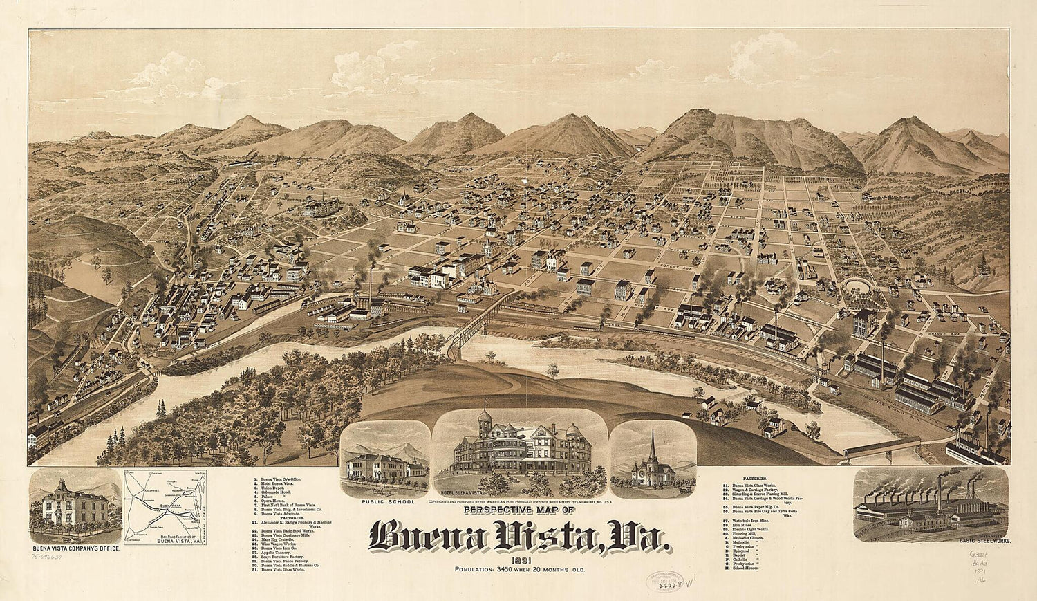 This old map of Perspective Map of Buena Vista, Virginia from 1891 was created by Wis.) American Publishing Co. (Milwaukee in 1891