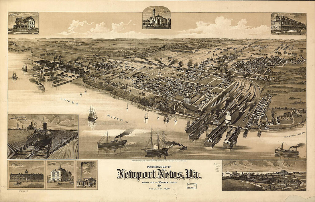 This old map of Perspective Map of Newport News, Virginia, County Seat of Warwick County from 1891 was created by Wis.) American Publishing Co. (Milwaukee in 1891