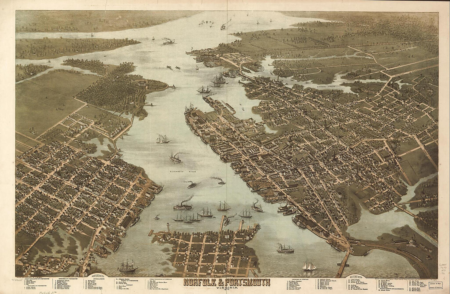 This old map of Norfolk &amp; Portsmouth, Virginia from 1873 was created by C. N. Drie in 1873