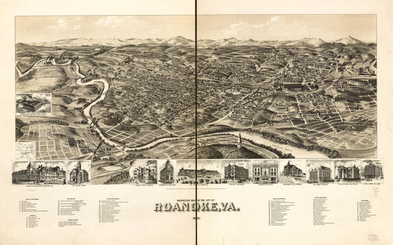 This old map of Perspective Map of the City of Roanoke, Va. from 1891 was created by Wis.) American Publishing Co. (Milwaukee in 1891