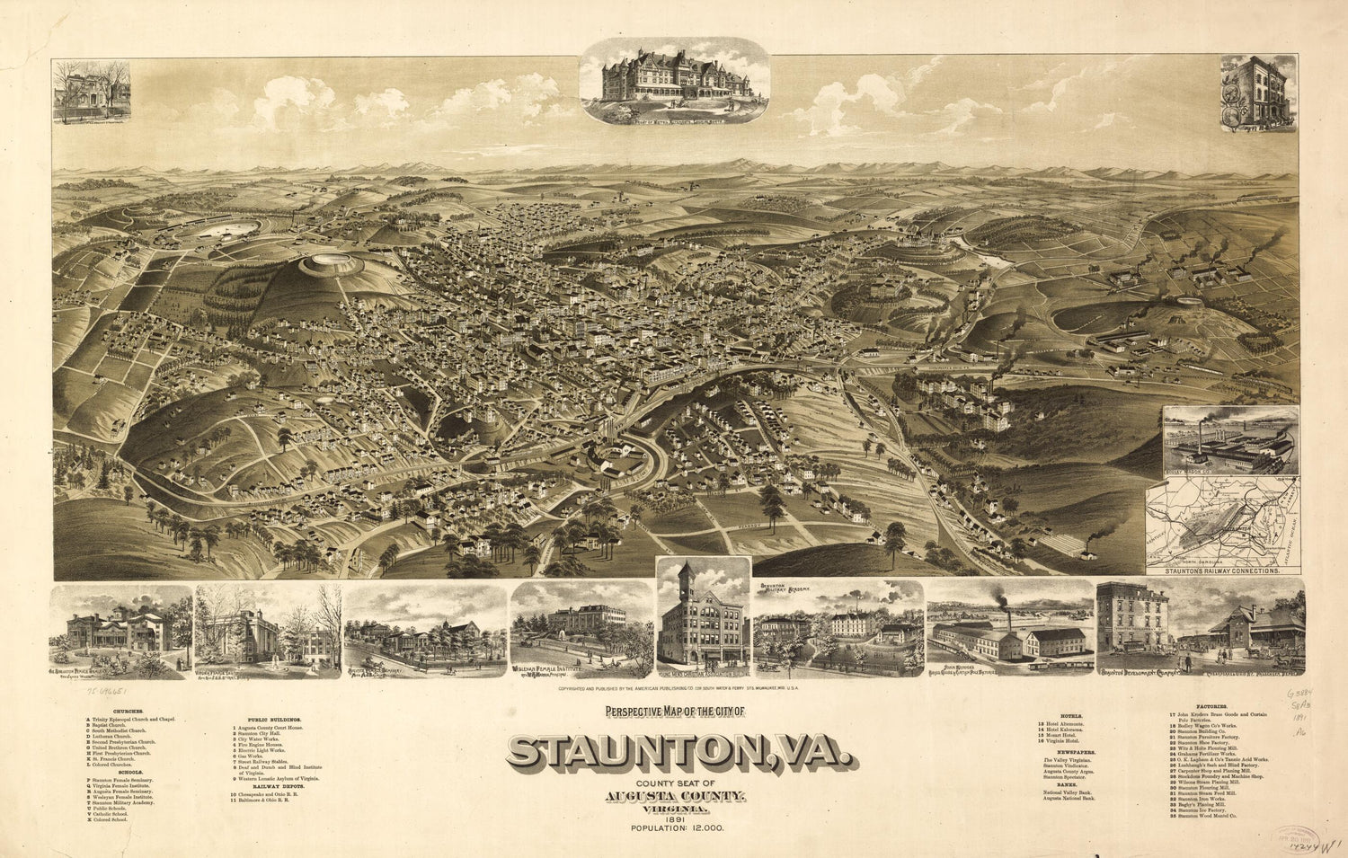 This old map of Perspective Map of the City of Staunton, Va., County Seat of Augusta County, Virginia from 1891 was created by Wis.) American Publishing Co. (Milwaukee in 1891