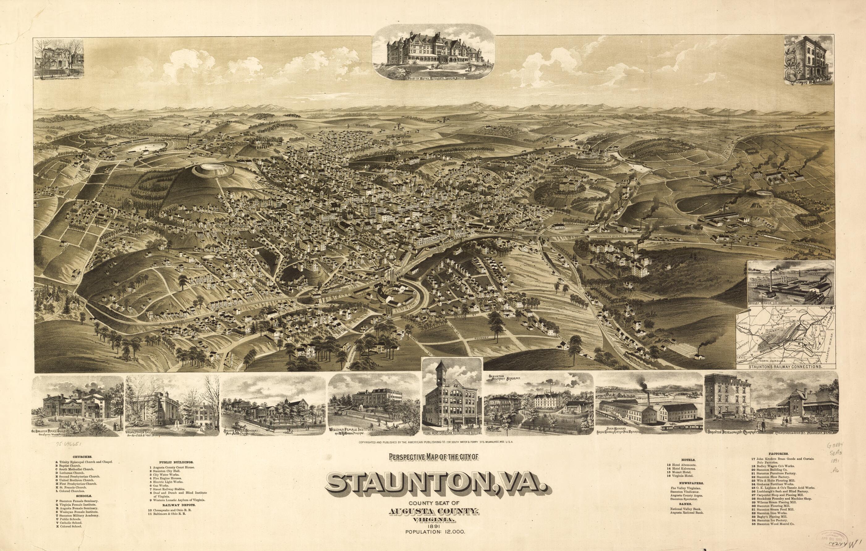 This old map of Perspective Map of the City of Staunton, Va., County Seat of Augusta County, Virginia from 1891 was created by Wis.) American Publishing Co. (Milwaukee in 1891