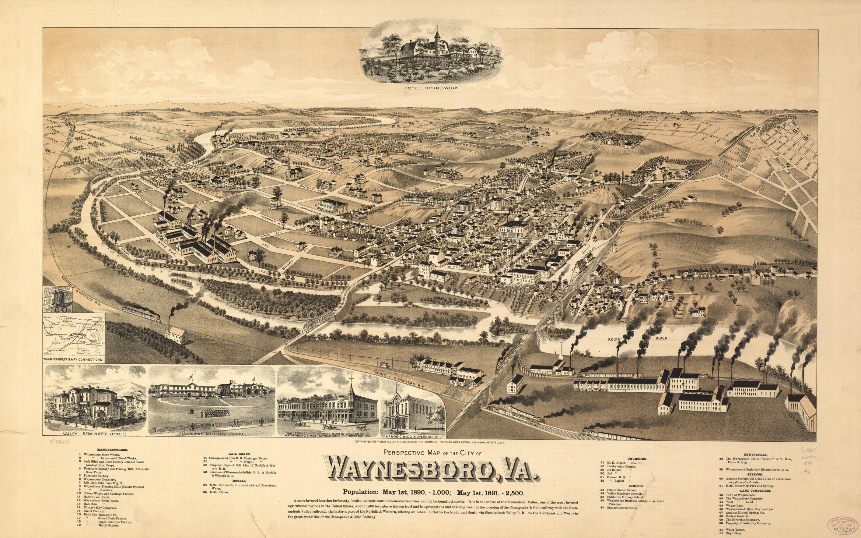 This old map of Perspective Map of the City of Waynesboro, Va from 1891 was created by Wis.) American Publishing Co. (Milwaukee in 1891