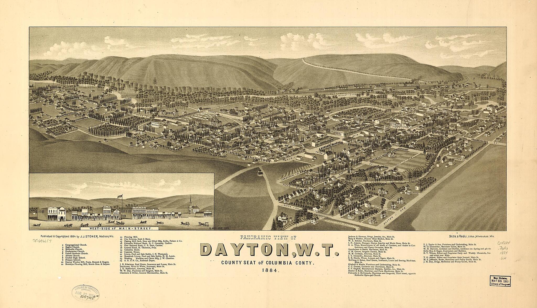 This old map of Panoramic View of Dayton, W.T., County Seat of Columbia County from 1884 was created by  Beck &amp; Pauli, J. J. Stoner, H. (Henry) Wellge in 1884