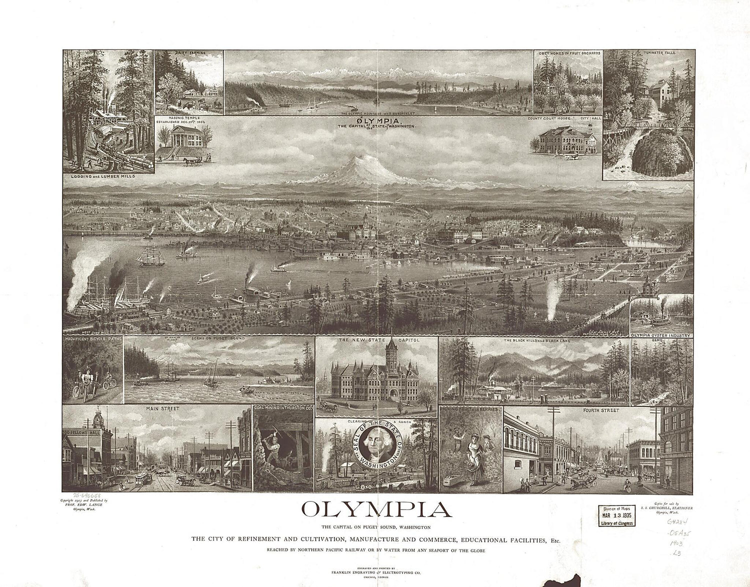This old map of Olympia, the Capital On Puget Sound, Washington from 1903 was created by  Franklin Engraving &amp; Electrotyping Co, Edward Lange in 1903