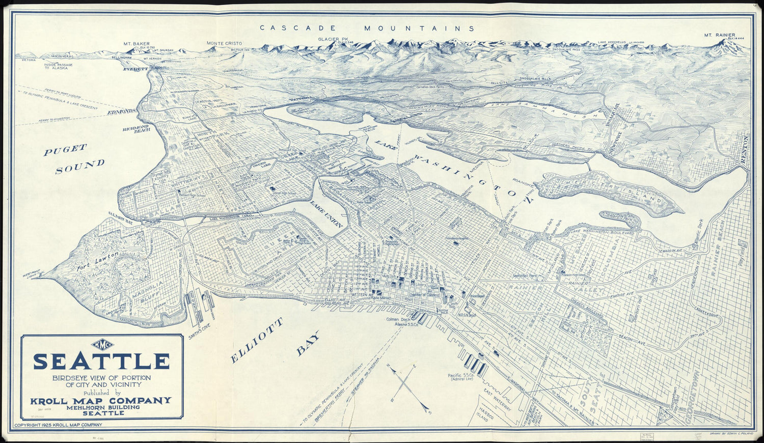 This old map of Seattle Birdseye View of Portion of City and Vicinity from 1925 was created by Inc Kroll Map Company, Edwin C. Poland in 1925