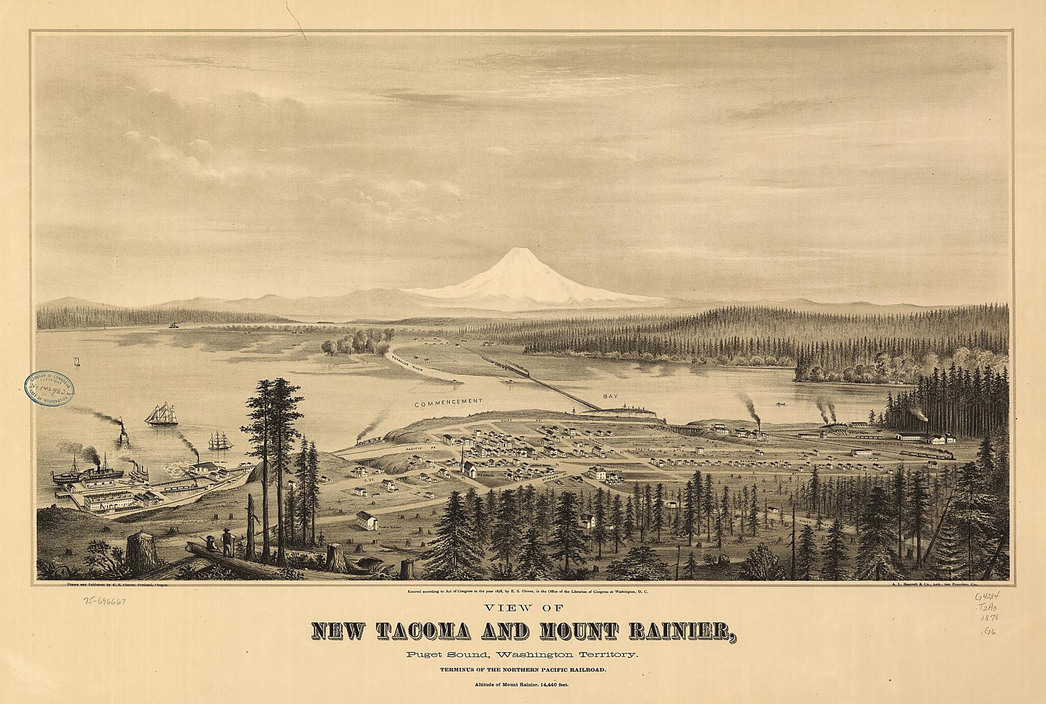 This old map of View of New Tacoma and Mount Rainier, Puget Sound, Washington Territory from 1878 was created by  A.L. Bancroft &amp; Company, E. S. (Eli Sheldon) Glover in 1878