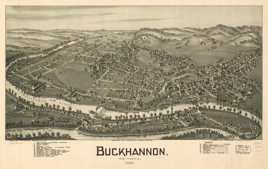 This old map of Buckhannon, West Virginia from 1900 was created by T. M. (Thaddeus Mortimer) Fowler, James B. Moyer in 1900
