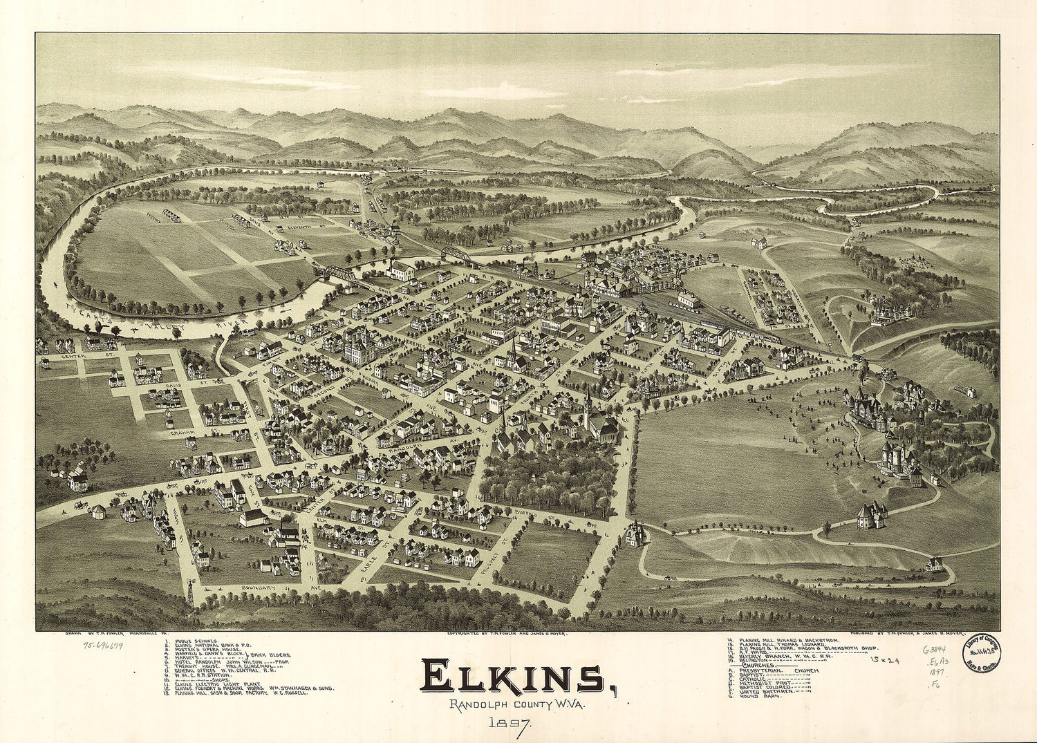 This old map of Elkins, Randolph County, W.Va. from 1897 was created by T. M. (Thaddeus Mortimer) Fowler, James B. Moyer in 1897