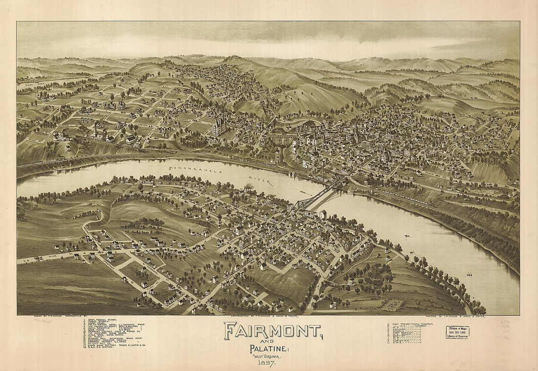 This old map of Fairmont and Palatine, West Virginia from 1897 was created by T. M. (Thaddeus Mortimer) Fowler, James B. Moyer in 1897
