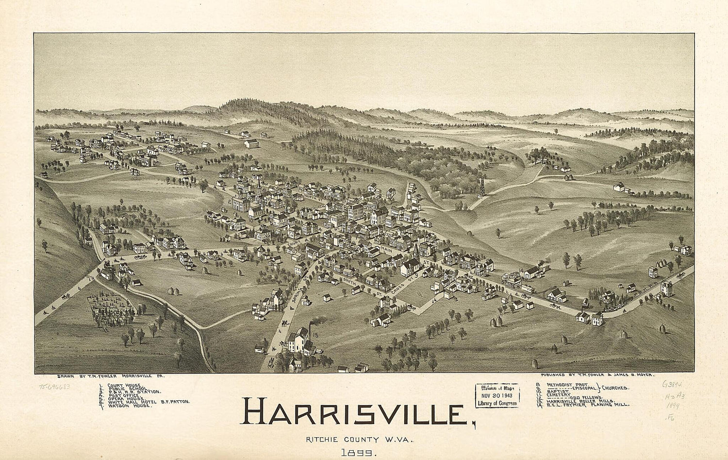 This old map of Harrisville, Ritchie County, W.Va. from 1899 was created by T. M. (Thaddeus Mortimer) Fowler, James B. Moyer in 1899