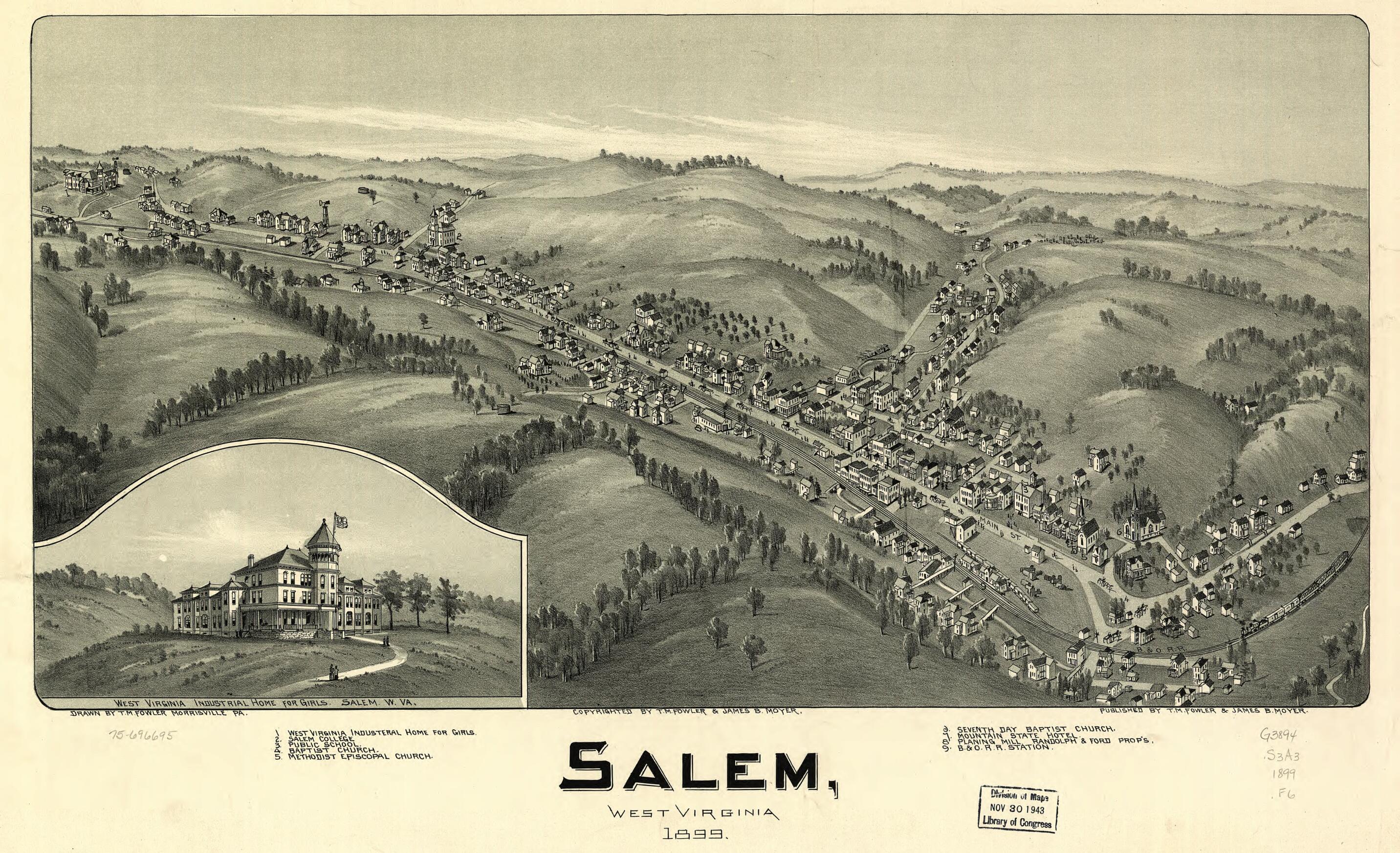 This old map of Salem, West Virginia from 1899 was created by T. M. (Thaddeus Mortimer) Fowler, James B. Moyer in 1899