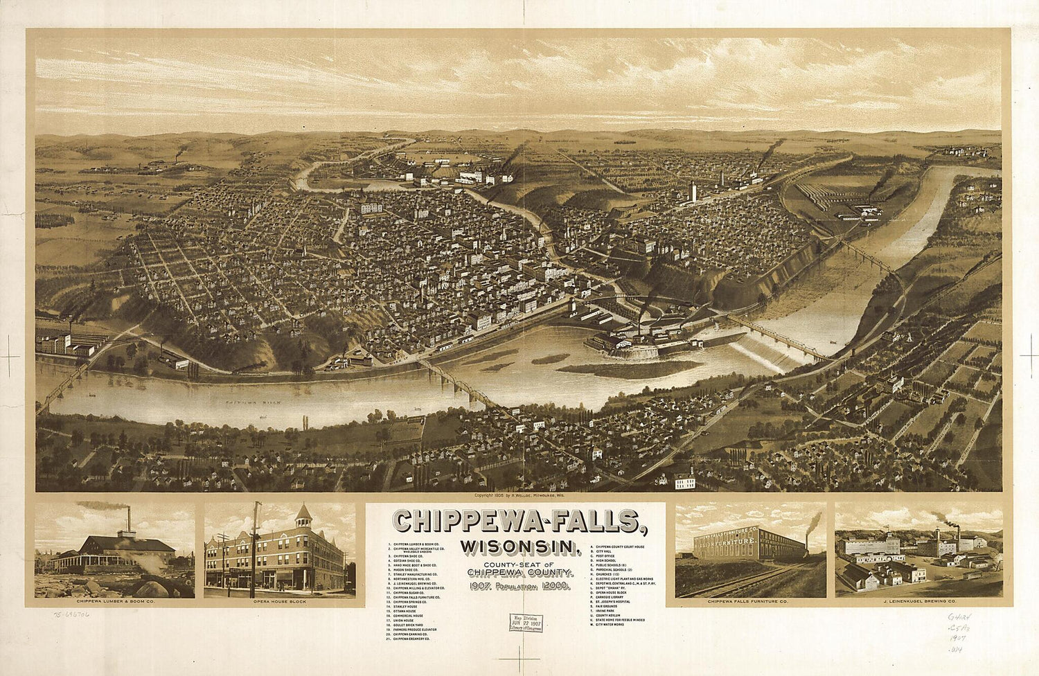 This old map of Falls, Wisonsin sic County-seat of Chippewa County from 1907 was created by H. (Henry) Wellge in 1907