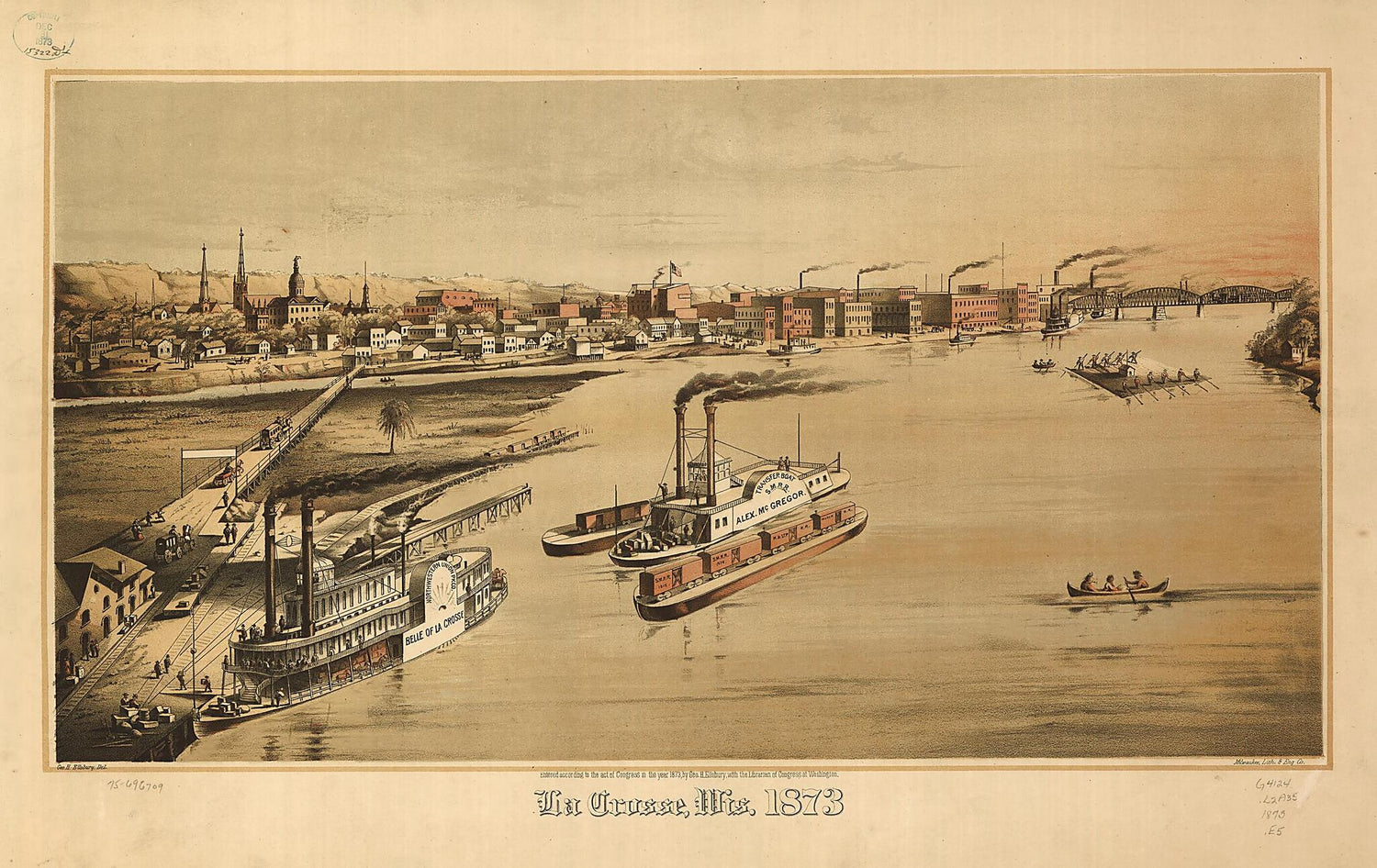 This old map of La Crosse,Wisconsin from 1873 was created by Geo. H. Ellsbury,  Milwaukee Lith. &amp; Engr. Co in 1873