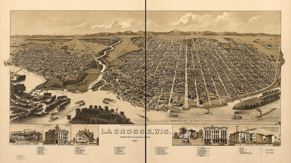 This old map of La Crosse,Wisconsin, County Seat of La Crosse County from 1887 was created by  Beck &amp; Pauli, H. (Henry) Wellge in 1887