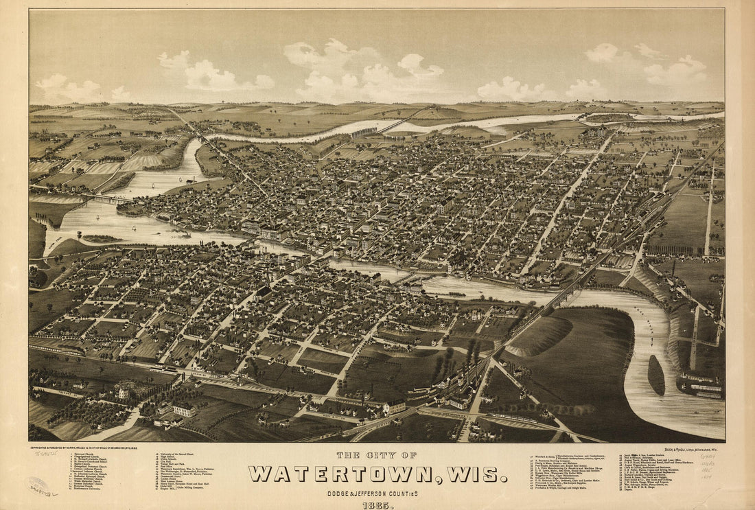 This old map of The City of Watertown,Wisconsin Dodge &amp; Jefferson Counties from 1885 was created by  Beck &amp; Pauli, Wellge &amp; Co Norris, H. (Henry) Wellge in 1885