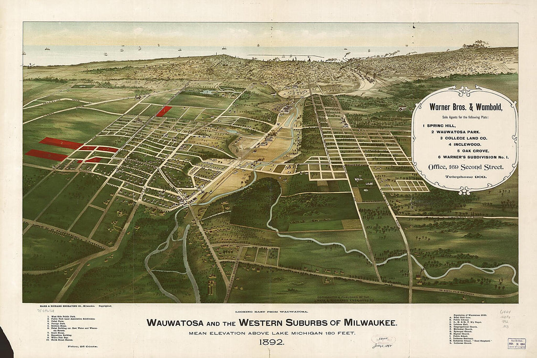 This old map of Wauwatosa and the Western Suburbs of Milwaukee from 1892 was created by  Marr &amp; Richards Engraving Co in 1892