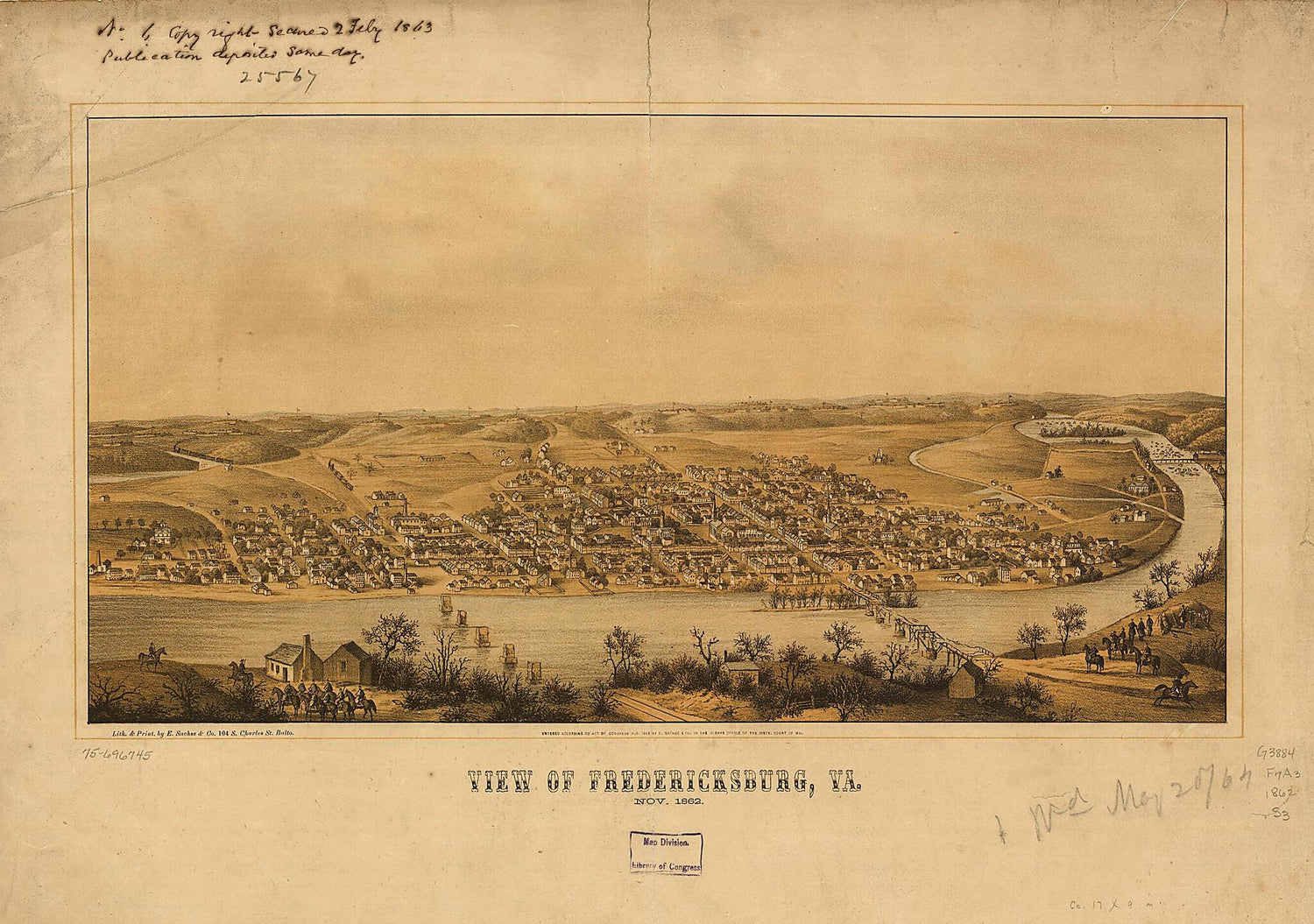 This old map of View of Fredericksburg, Virginia Nov. 1862 from 1863 was created by  E. Sachse &amp; Co in 1863