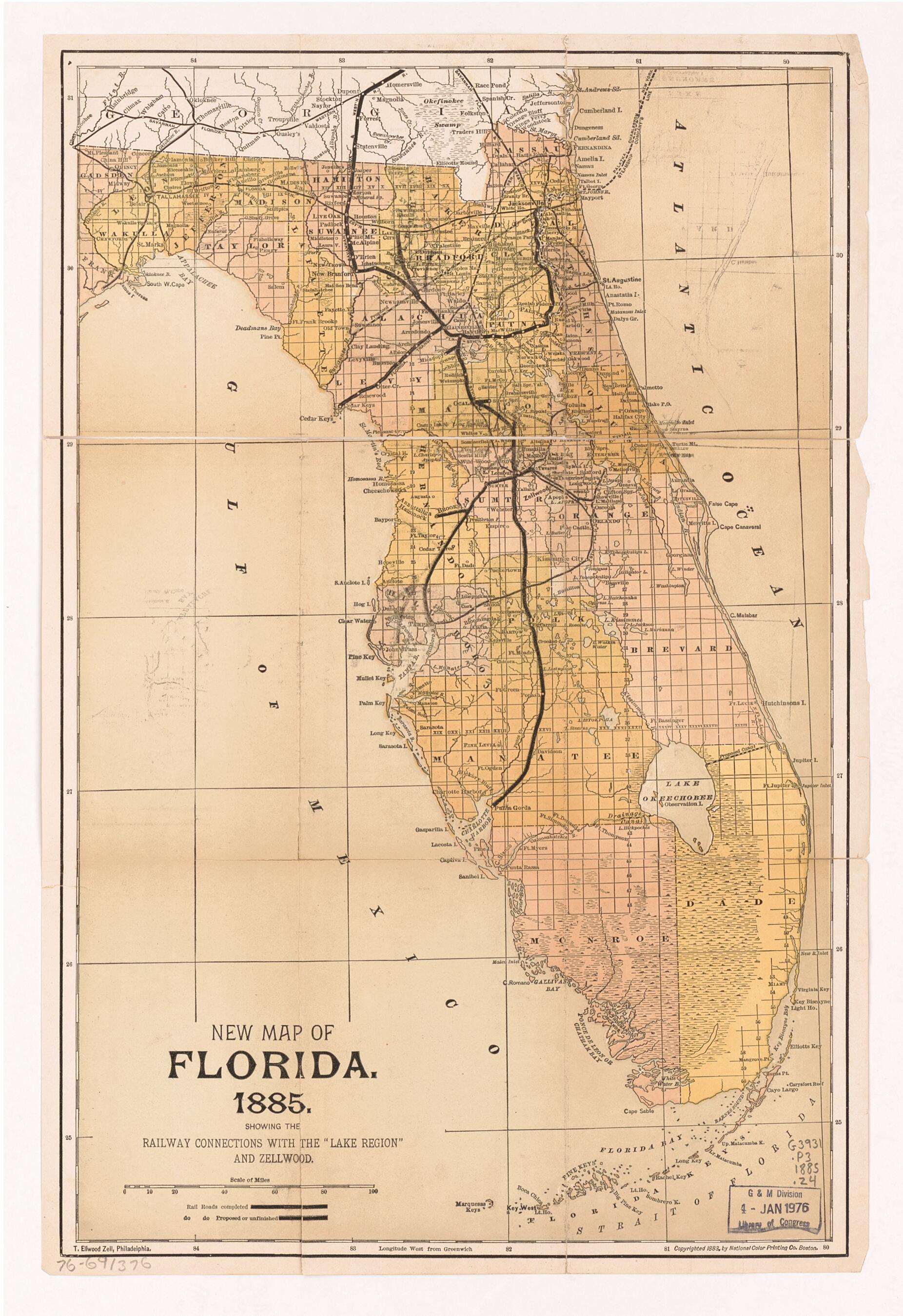 New Map of Florida, from 1885, Showing the Railway Connections With the ...