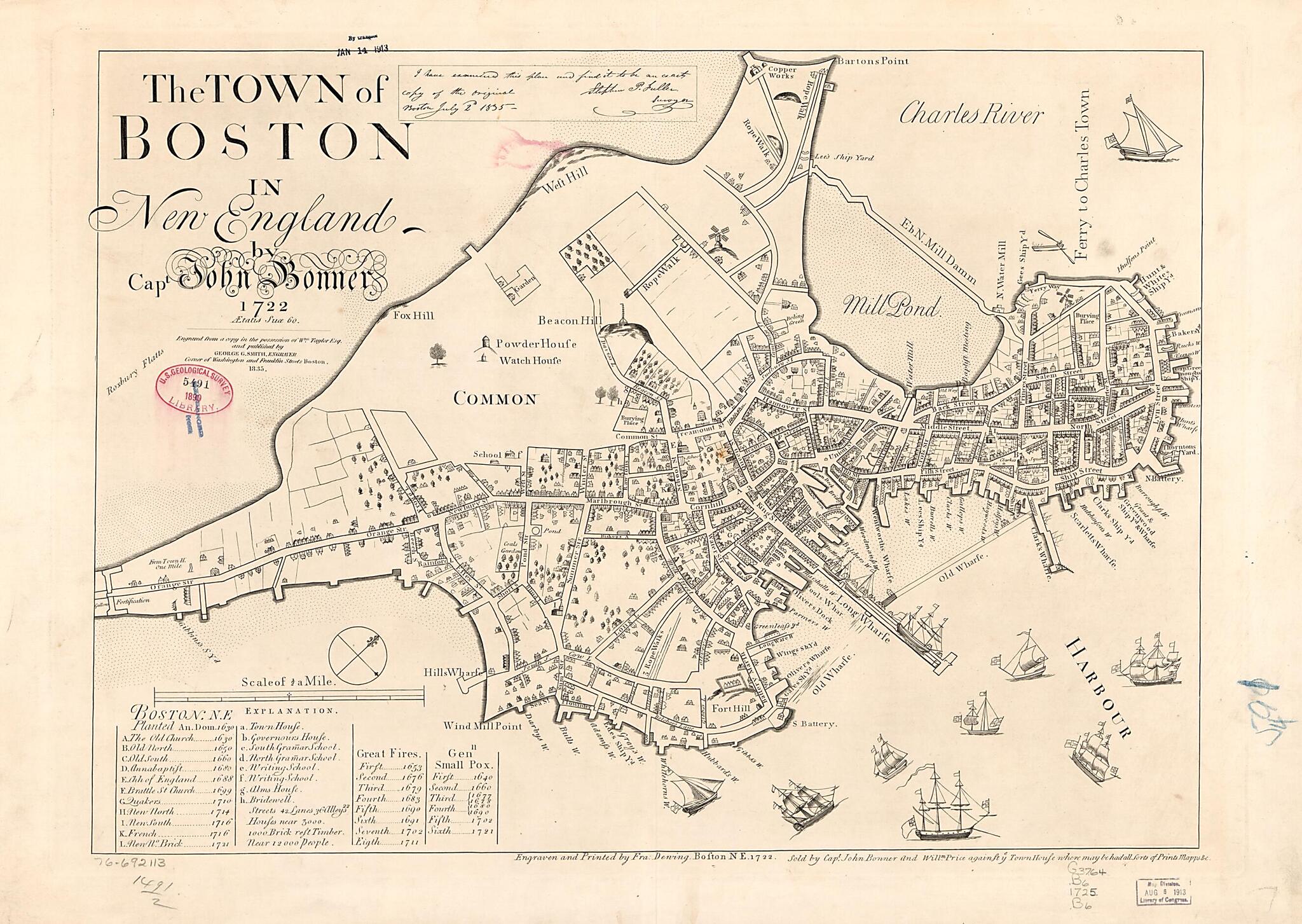 This old map of The Town of Boston In New England from 1835 was created by John Bonner, Francis Dewing, Stephen P. Fuller, William Price, George Girdler Smith in 1835