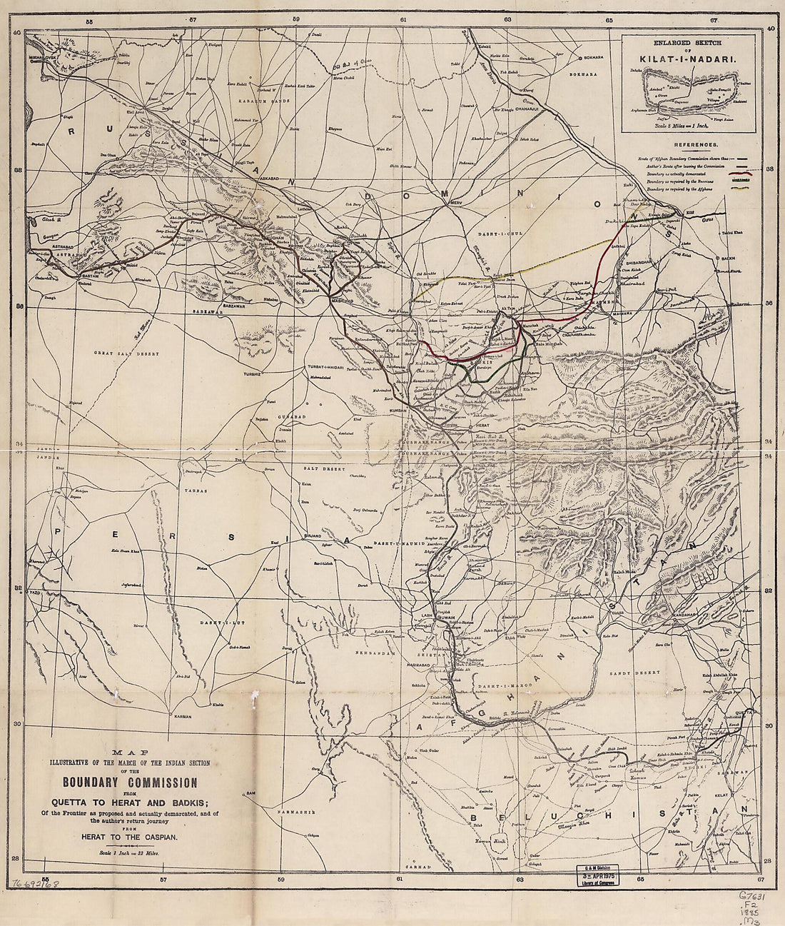 This old map of Map Illustrative of the March of the Indian Section of the Boundary Commission from Quetta to Olerat and Badkis; of the Frontier As Proposed and Actually Demarcated, and of the Author&