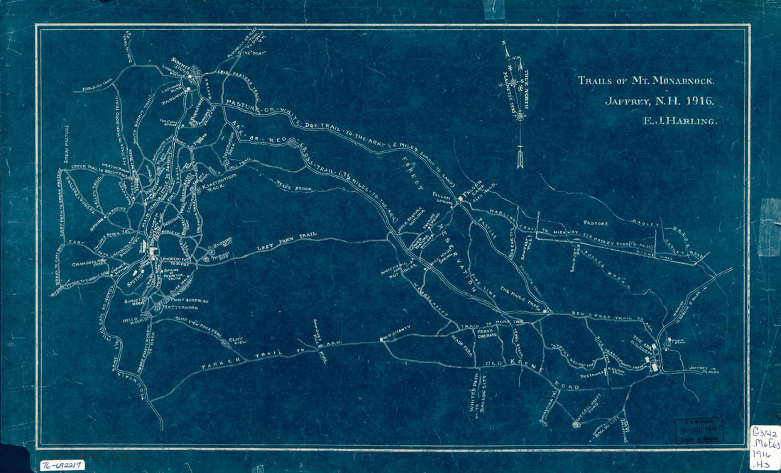 This old map of Trails of Mt. Monadnock from 1916 was created by E. J. Harling in 1916