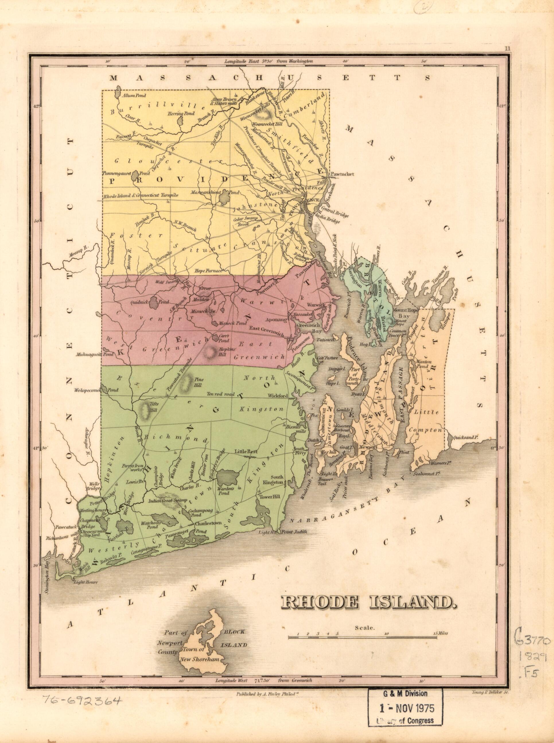 This old map of Rhode Island from 1829 was created by A. (Anthony) Finley,  Young &amp; Delleker in 1829