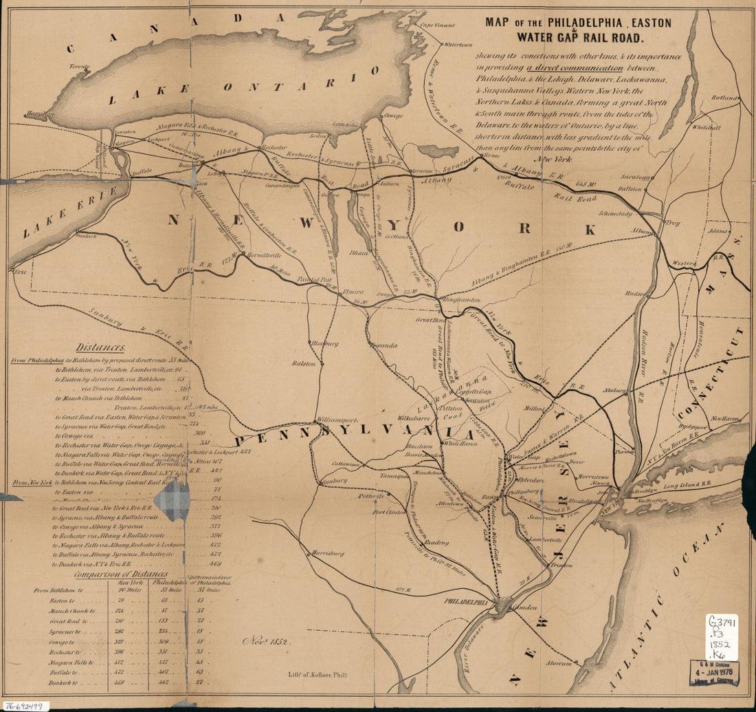This old map of Map of the Philadelphia, Easton &amp; Water Gap Rail Road from 1852 was created by Augustus Kollner in 1852